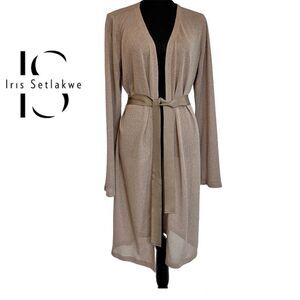 IRIS Setlakwe Tan Brown mesh knit longsleeve open front belted cardigan sweater